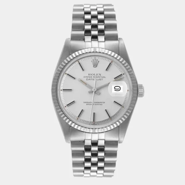Rolex Silver 18k White Gold And Stainless Steel Datejust 1601 Men's Wristwatch 36 mm