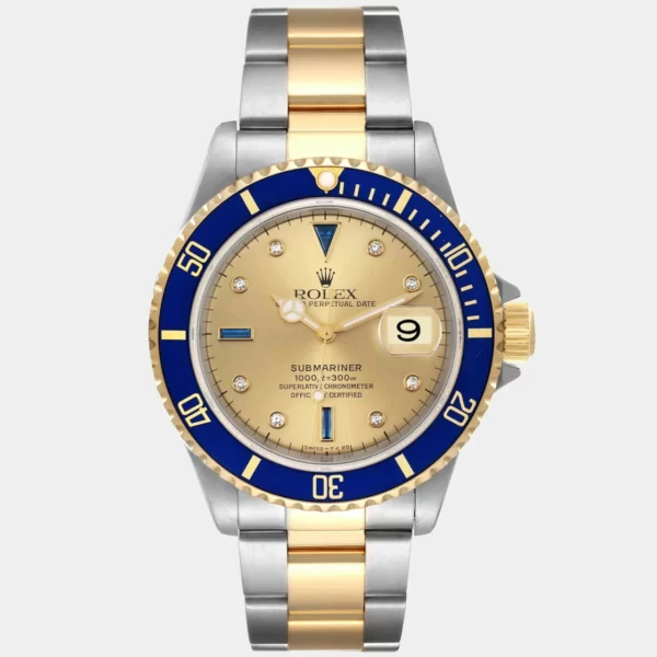 Rolex Champagne Diamonds 18K Yellow Gold And Stainless Steel Submariner 16613 Men's Wristwatch 40 mm