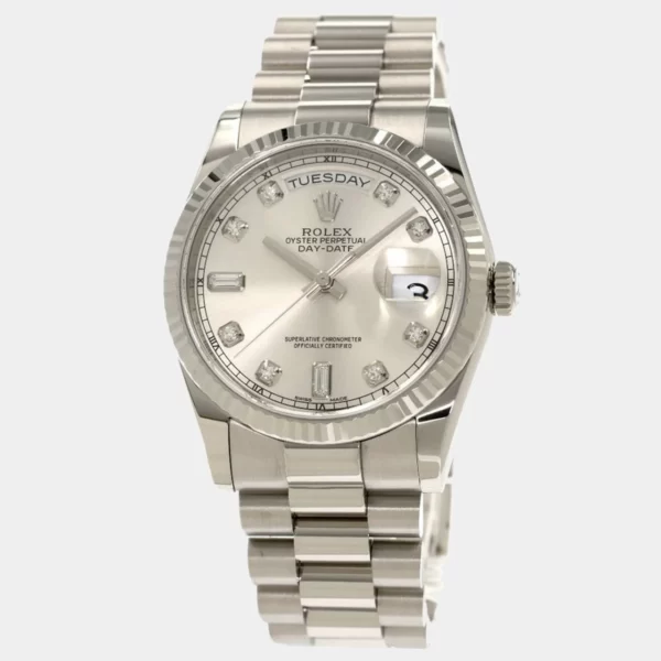 Rolex Silver Diamonds 18K White Gold Day Date President 118239A Men's Wristwatch 36 mm