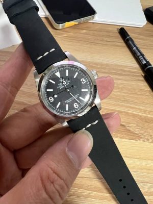Replica Rolex Explorer Black Dial with Black Leather Strap New8825050